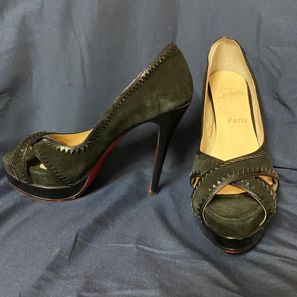 Louboutin Black Leather Suede Peep Toe Pumps 40 - Picture 2 of 8